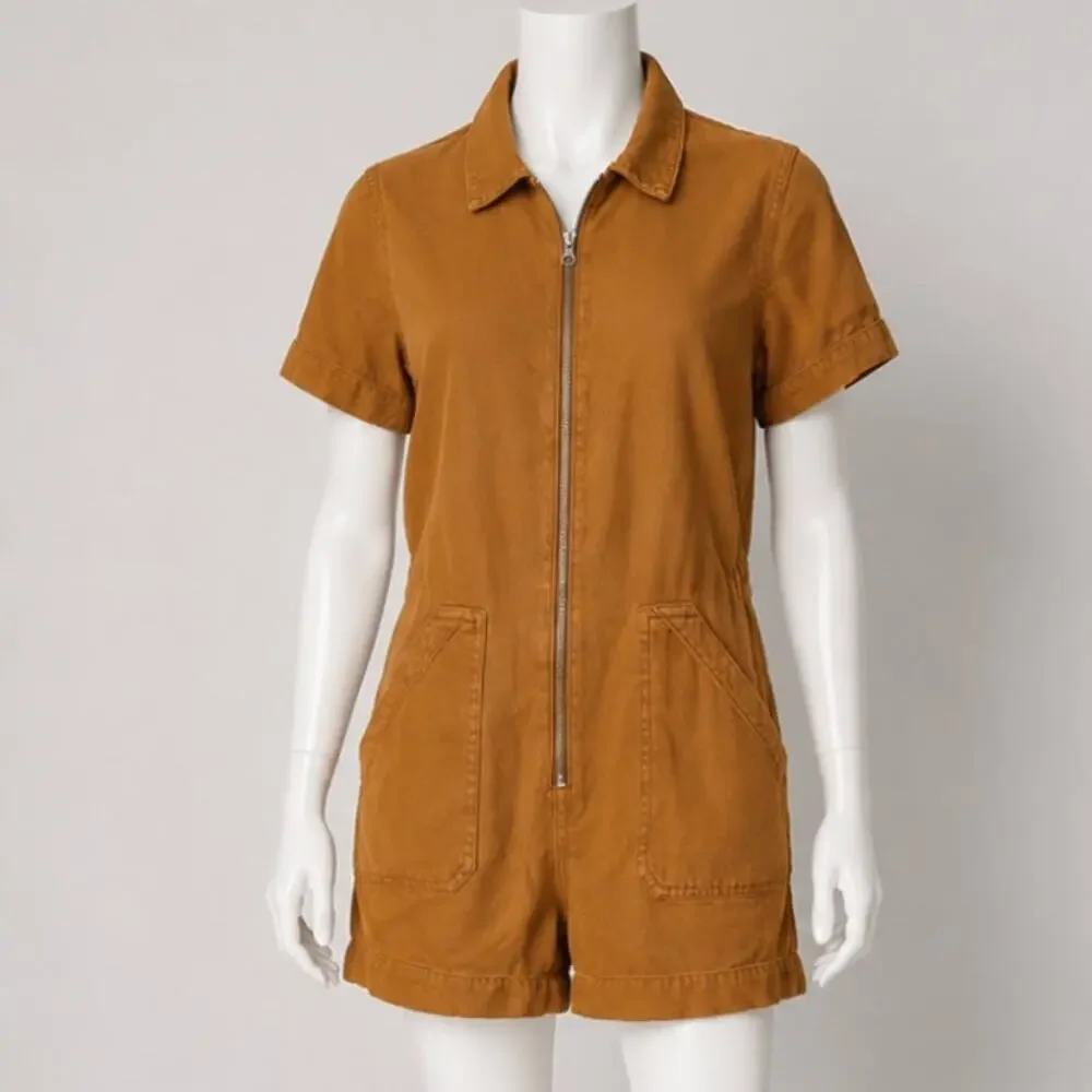Everlane The Denim Short Coverall Organic Cotton Brown Rust Romper 6